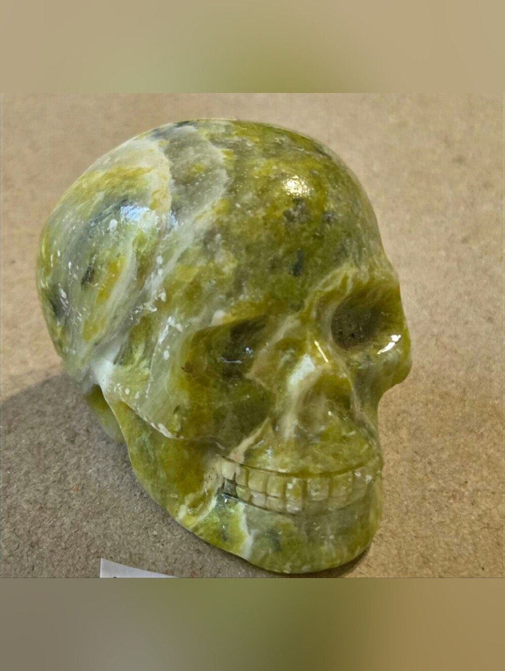 Detailed Green Serpentine Crystal Carved Skull Stone Sculpture Decor